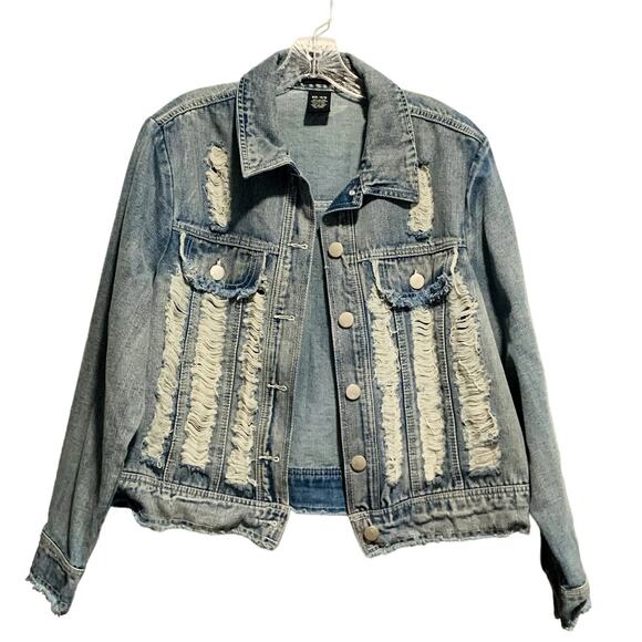 ASHLEY STEWART Jean Jacket Sz 14 / 16 Distressed Destroyed Boho Festival Grunge - Picture 1 of 7